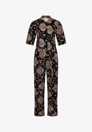 Fekete overál, rövid ujjakkal, galléros nyakkal és színes geometriai mintával. Könnyű anyagból készült.