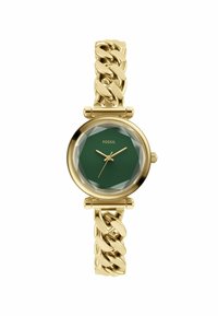 Gouden horloge met een robuuste kettingarmband en een gefacetteerde groene wijzerplaat. Heeft een minimalistisch ontwerp en eenvoudige uurmarkeringen.