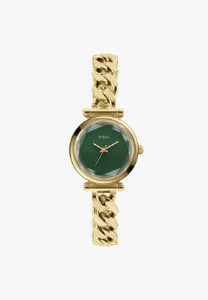 Guldfarvet ur med et kraftigt kædearmbånd og en facetteret grøn skive. Har et minimalistisk design og enkle timeindikatorer.