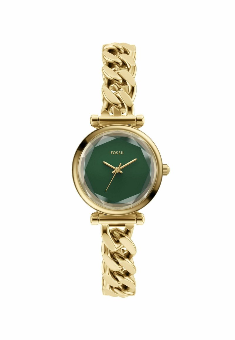 Gouden horloge met een robuuste kettingarmband en een gefacetteerde groene wijzerplaat. Heeft een minimalistisch ontwerp en eenvoudige uurmarkeringen.