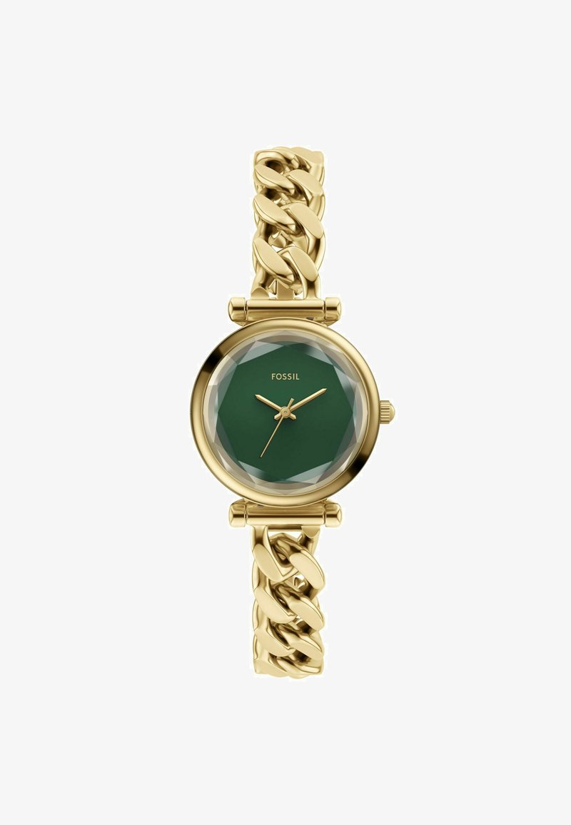 Gouden horloge met een robuuste kettingarmband en een gefacetteerde groene wijzerplaat. Heeft een minimalistisch ontwerp en eenvoudige uurmarkeringen.