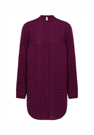 Burgundy blus med långa ärmar, ståkrage, knappstängning fram och blommönster i mörkgrön och kräm. Slät tygtextur.