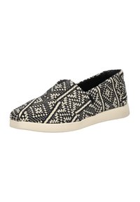 Nazouvací bota s černo-bílým tkaným geometrickým vzorem a krémově bílou gumovou podrážkou, pohled ze strany.