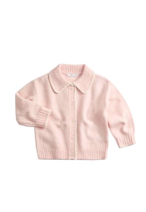 Lyserød strikket babytunika med ribbet krave, ærmekanter og kant forneden samt fem knapper foran til lukning.