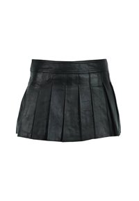 Schwarzer Leder-Minirock mit Falten, verfügt über einen taillierten Bund und eine glatte Textur, die ein schlankes, modernes Design zeigt.