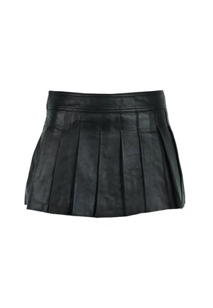 Zwarte leren mini rok met plooien, voorzien van een aangesloten tailleband en een gladde textuur, die een strakke, moderne uitstraling accentueert.