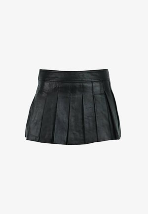 Black leather mini skirt with pleats, featuring a fitted waistband and smooth texture, showcasing a sleek, modern design.