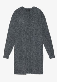 Grijze, lange cardigan gemaakt van gestructureerde breiwerkstof, met een open voorkant en lange mouwen met ribgebreide manchetten.