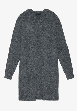 Grauer, langer Cardigan aus strukturiertem Strickstoff, mit offenem Vorderteil und langen Ärmeln mit gerippten Bündchen.