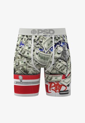 Boxer da uomo con stampa di banconote da cento dollari, diamanti e una cassetta postale rossa, bianca e blu con graffiti e fessura per la posta.