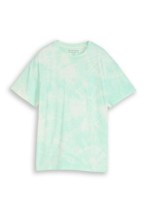 Jasnozielony i biały oversize T-shirt z krótkim rękawem i okrągłym dekoltem, rozmiar 152, na białym tle.