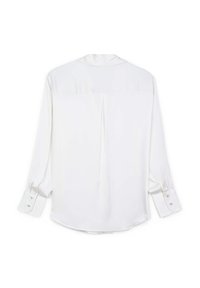 Camicia bianca in satin a maniche lunghe con colletto, polsini abbottonati, dettaglio a pieghe lungo il centro della schiena e orlo curvo.