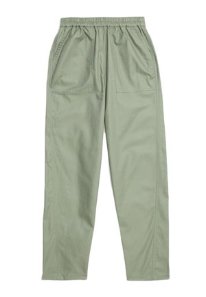 Light green, elastic-waist pants with two large side pockets, made of smooth fabric, featuring straight legs and minimal stitching details.