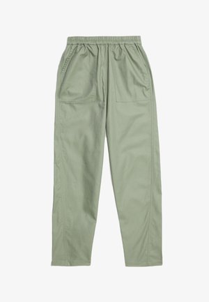 Pantaloni verde chiaro, con vita elasticizzata e due grandi tasche laterali, realizzati in tessuto liscio, con gambe dritte e dettagli di cucitura minimi.