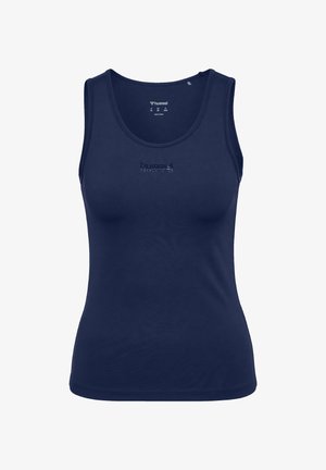 Marineblauwe mouwloze tanktop van zachte stof. Bevat een ronde halslijn en een klein logoaccent aan de voorkant. Vriendelijke textuur.