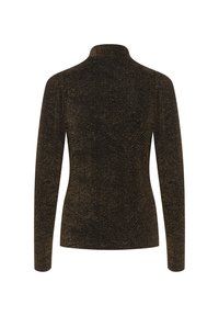 Maglia nera a maniche lunghe con colletto alto, caratterizzata da un motivo dorato scintillante che crea un effetto ondulato sulla superficie del tessuto.