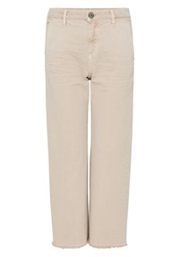 Jeans beige à jambes larges avec un léger ourlet effiloché, fabriqués en coton doux, avec une fermeture à bouton sur le devant et cinq poches.