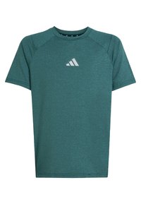 Zelené športové tričko s krátkymi rukávmi, raglanový štýl, vyrobené z textúrovanej tkaniny; na hrudi má malé biele logo.