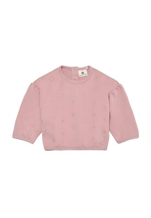 Rosa Baumwollpullover mit dreiviertel Ärmeln, verziert mit gestickten Rosenmustern und einem Rundhalsausschnitt mit Druckknopfverschluss hinten.