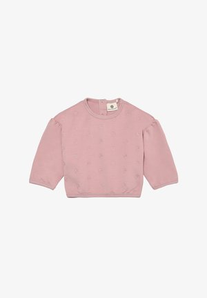 Pink cotton pullover with three-quarter sleeves, featuring embroidered rose patterns and a round neckline with a back snap closure.