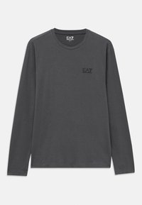 Dark gray long-sleeve crew neck shirt with small EA7 Emporio Armani logo on the left chest.