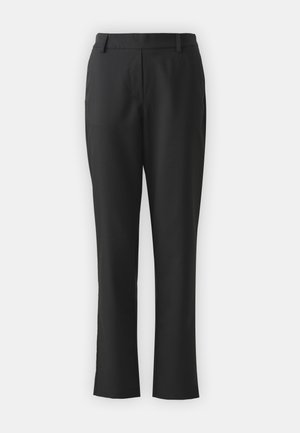 Black tailored pants with a straight leg design, made from a smooth fabric. Features a waistband and two side pockets. No embellishments.