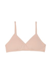 Bralette in tessuto morbido beige chiaro con spalline sottili regolabili e design semplice con coppa triangolare, distesa su uno sfondo bianco.