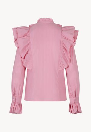 Roze blouse met lange mouwen en gestreept patroon, voorzien van ruches op de schouders en manchetten, geknoopte manchetten en een hoge halslijn.