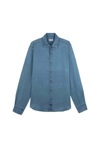 Camicia di jeans blu a maniche lunghe con abbottonatura frontale e colletto, esposta su uno sfondo bianco.