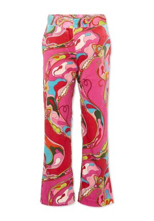 Pantaloni in velluto a coste rosa acceso con motivi floreali e a spirale astratti e colorati in tonalità di rosso, blu, verde, arancione e crema.