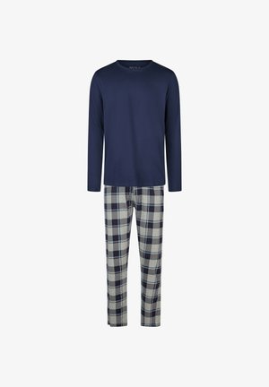 Maglia a maniche lunghe blu navy abbinata a pantaloni grigi a quadri con dettagli blu e bordeaux, realizzati in morbido tessuto di cotone.