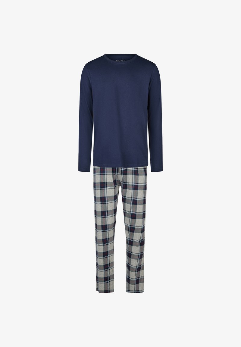 Marineblaues Langarmoberteil kombiniert mit grauen karrierten Hosen mit blauen und burgunderroten Akzenten, gefertigt aus weichem Baumwollstoff.