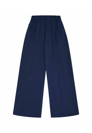 Marineblauwe wijde broek gemaakt van zachte stof, met een elastische tailleband en zijzakken, voorzien van schone naden en een minimalistisch ontwerp.