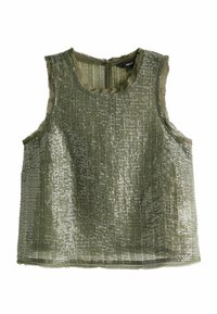 Olijfgroene mouwloze top met een gestructureerd oppervlak, bedekt met kleine ronde pailletten, en met een ronde halslijn en een onafgewerkt zoom.