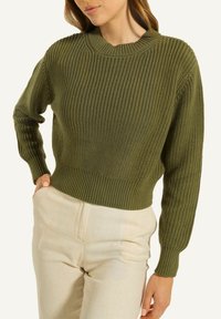 Olivegrüner gestrickter Pullover mit geripptem Textur, rundem Ausschnitt und langen Ärmeln, kombiniert mit hellen Hosen.