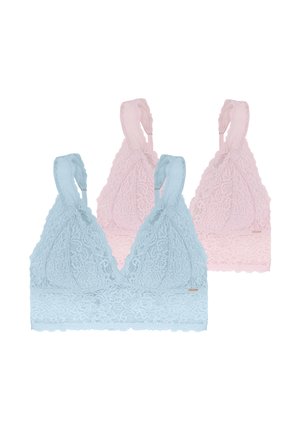 Lace bralette set featuring three pieces in light blue and pink. Each has a soft, floral pattern and adjustable straps. Scalloped edges.