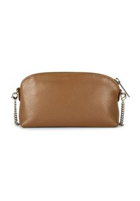 Clutch in pelle marrone con una finitura testurizzata, una tracolla in catena argentata e una chiusura con zip superiore. Design compatto e a forma ovale.