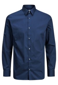 Granatowa koszula z długim rękawem zapinana na guziki, wykonana z gładkiej bawełnianej mieszanki, z klasycznym kołnierzykiem i pięcioma guzikami z przodu.