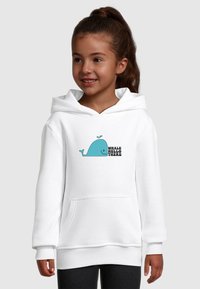 White hoodie with a kangaroo pocket, featuring a turquoise whale graphic and black text that reads "WHALE HELLO THERE." Soft fabric, casual fit.