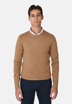 Maglione marrone a maglia con scollo rotondo e maniche lunghe, con polsini e orlo a coste. Indossato sopra una camicia bianca con colletto.