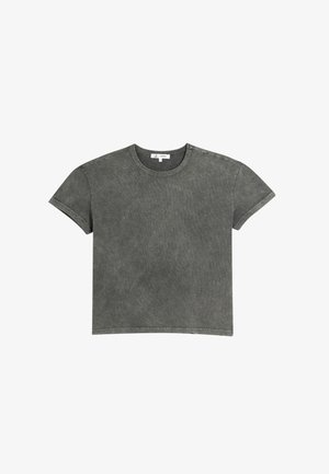 Donkergrijze t-shirt in een ontspannen pasvorm, met korte mouwen, een ronde halslijn en subtiele textuur, met een schone zoom en stikdetails.