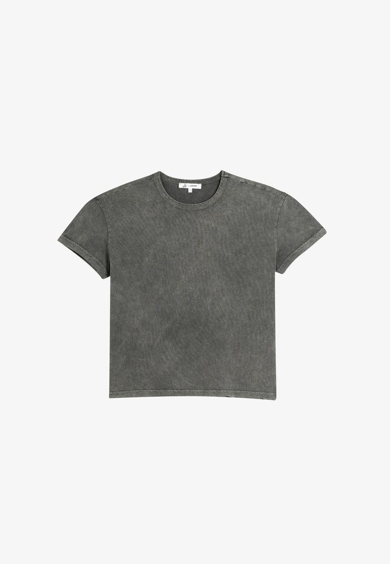 Dunkelgraues T-Shirt in lockerer Passform, mit kurzen Ärmeln, Rundhalsausschnitt und feiner Textur, dazu sauberes Saum- und Nähdetails.