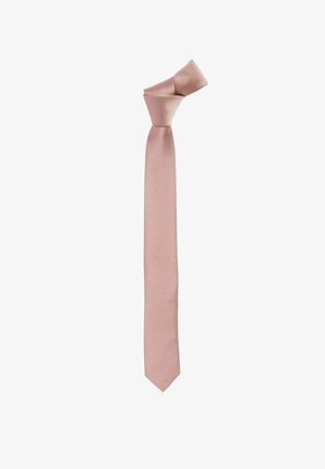 Rosa Krawatte mit strukturiertem Finish, ausgestattet mit einer spitzen Spitze und einem ordentlich geknoteten oberen Ende. Das Material wirkt glatt und gewebt.
