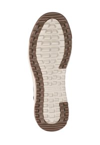 Schoenzool met een beige en brown profiel met rechthoekige groeven en het Skechers-logo in het midden gedrukt.