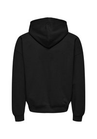 Black hoodie featuring a spacious hood, long sleeves, ribbed cuffs and hem, and a smooth texture. No pockets or visible logos.