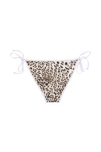 Laiša raksta bikini apakšējā daļa ar baltām saitēm sānos; rakstā ir dzīvnieku raksts brūnos un krēma toņos uz gludas auduma.