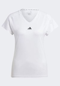 Bílé sportovní tričko s véčkovým výstřihem, krátkými rukávy, se středovým černým logem adidas a malými černými akcenty na límci.