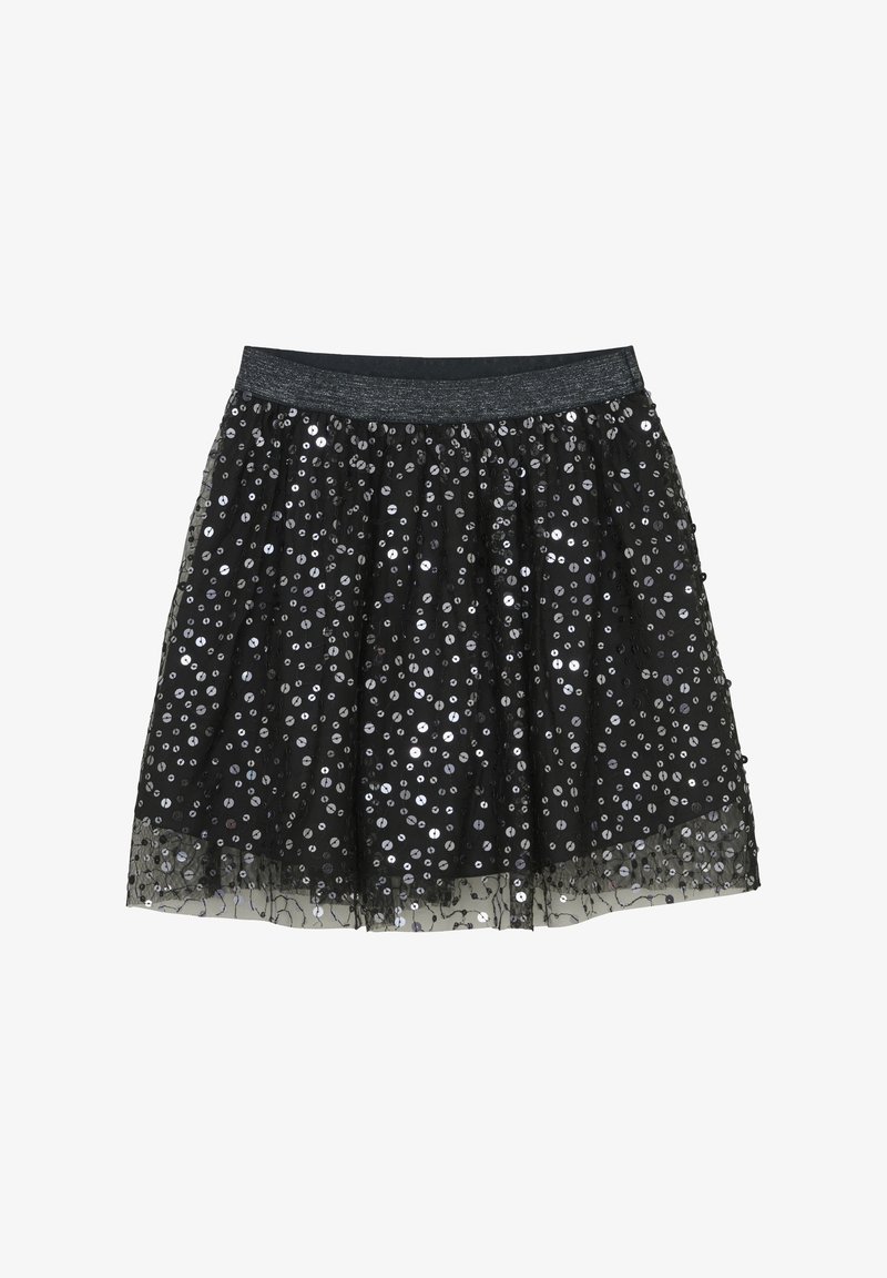 Schwarzer Tüllrock mit einem metallischen Taillenbund, bedeckt mit silbernen Pailletten, verfügt über ein mehrlagiges Design und eine weiche, durchsichtige Textur.