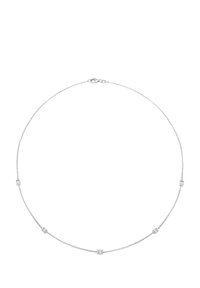 Silver chain necklace featuring five geometric accents, alternating between rectangular and square shapes, with a lobster clasp closure.
