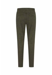Olijfgroene tapered broek met een gladde textuur, twee achterzakken en een brede elastische tailleband voor comfort.